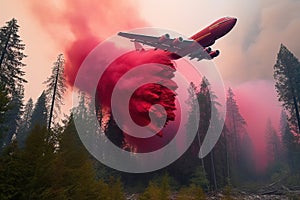 A giant firefighting air tanker plane flying low and releasing a massive deluge of fire retardant chemicals onto the burning