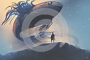 Giant fish floating in the sky above man in black cloak