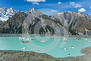 Giant floating icebergs on Tasman Glacier Lake in Aoraki Mount Cook National Park, South Island of New Zealand