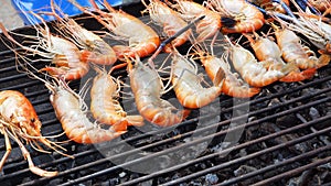 Giant freshwater prawn grill with charcoal has copy space