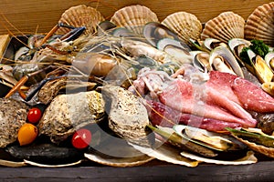 Giant freshwater shrimp-squid-mussel and cockle placed on the stall for sale