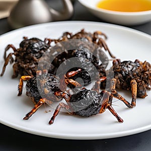 Giant fried spiders close-up, an unusual dish