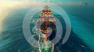 Giant, fully packed container ship in the ocean, top view. Photorealistic.