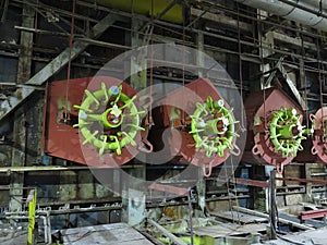 Giant gas-burners, glitter tubes, equipment, cables and piping inside a modern industrial power plant