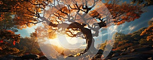 A giant gnarly old tree covered with blue and yellow leaves