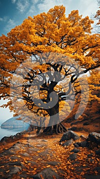 A giant gnarly old tree covered with blue and yellow leaves