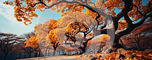 A giant gnarly old tree covered with blue and yellow leaves