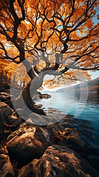 A giant gnarly old tree covered with blue and yellow leaves