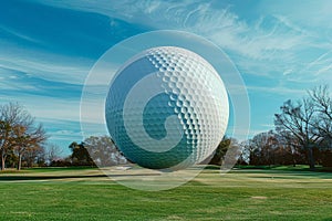 A giant golf ball sits on a lush green fairway under a blue sky with white clouds