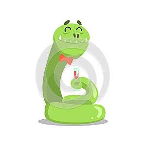 Giant Green Boa Snale In Bow Tie Drnking Wine Partying Hard As A Guest At Glamorous Posh Party Vector Illustration