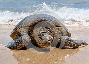 Giant Green Sea Turtle laying on the warm sand