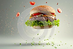 Giant Hamburger Flying With Lettuce and Tomatoes