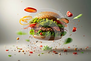 Giant Hamburger Flying With Lettuce and Tomatoes