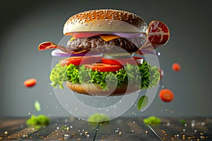 Giant Hamburger Flying With Lettuce and Tomatoes