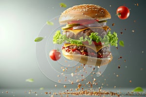 Giant Hamburger Flying With Tomatoes and Lettuce