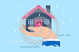 Giant hand protect house from floods in flat design
