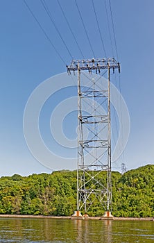 giant high voltage electrical towers and transmission lines crossing Hudson River