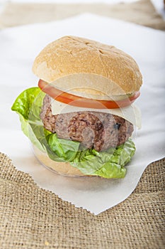 Giant homemade burger classic american cheeseburger on sack