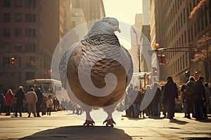 Giant huge enormous pigeon walking city street on busy morning