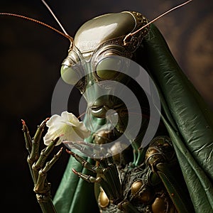 Giant humanized praying mantis portrait dressed in khaky gown holding flower. Parallel worlds. Aliens. AI generated art. Concept