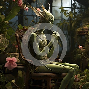 Giant humanized praying mantis sitting in blossom garden. Parallel worlds. Aliens. AI generated art. Concept of univers, life,