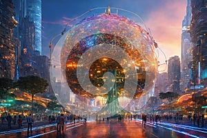 Giant illuminated fantastic tree shaped brain chip in futuristic city