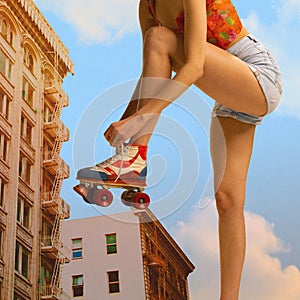 Giant image of female legs, woman tying rollers laces, leaning on building on blue sky background. Contemporary art