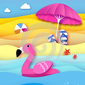 Giant inflatable pink flamingo in paper cut style. Beach Parasol - umbrella. Origami Pool float toy on the sunny beach