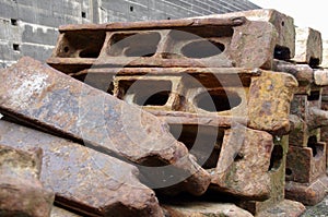 Giant Iron ship supports from the Titanic Dry Dock. Belfast, UK. August 19, 2013.