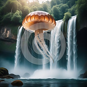 A giant jellyfish against the backdrop of a waterfall.