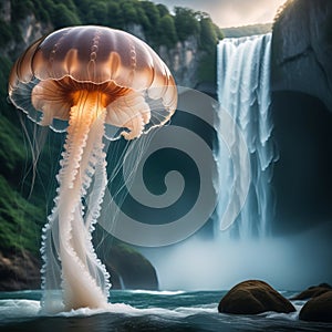 A giant jellyfish against the backdrop of a waterfall.