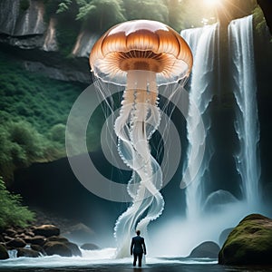 A giant jellyfish against the backdrop of a waterfall.