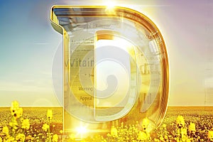 A giant letter D radiating light over a blooming field at sunset.