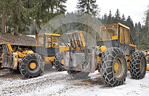 Obří těžební vozidla v zimním lese