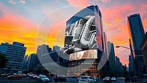 Giant m billboard on a skyscraper at sunset