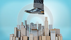 A giant male shoe ready to stomp at a small cluster of business towers on blue background.