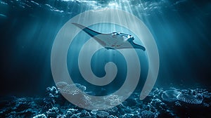 Giant manta ray floating underwater in the tropical ocean underwater sealife background AI generated