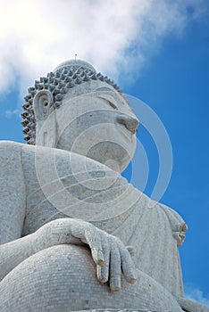 Giant marble statue of Buddha in Phuket, Thailand, known as `Big Buddha`. Low angle view.