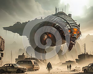 Giant mechanical monster in dystopian battlefield