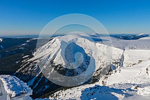 Giant Mine, Studnicni mountain , view from snezka, mountain on the border between Czech Republic and Poland, winter morning