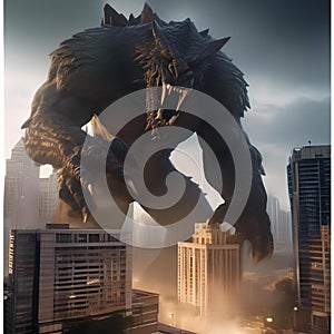 Giant monster rampage, Colossal monster wreaking havoc upon a city skyline with skyscrapers crumbling under its massive weight3