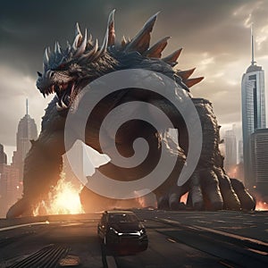 Giant monster rampage, Colossal monster wreaking havoc upon a city skyline with skyscrapers crumbling under its massive weight2