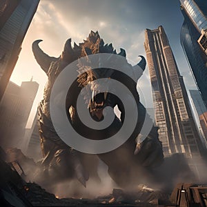 Giant monster rampage, Colossal monster wreaking havoc upon a city skyline with skyscrapers crumbling under its massive weight4