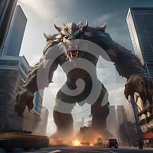 Giant monster rampage, Colossal monster wreaking havoc upon a city skyline with skyscrapers crumbling under its massive weight5