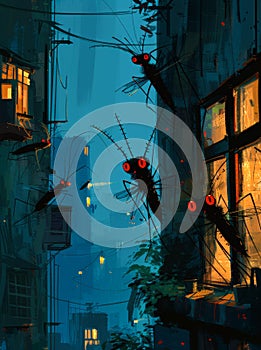 Giant mosquitoes flying in the city at night. The cartoon illustration black mosquito like creatures with red eyes