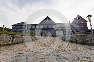 Mountain trail in to Hala Szrenicka shelter in Giant Mountains at sunny morning