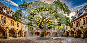 Giant oak tree in medieval courtyard photo