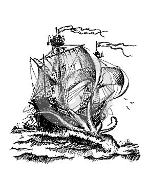 Giant octopus attack vintage sailing ship. Hand drawn illustration. Abstract background.