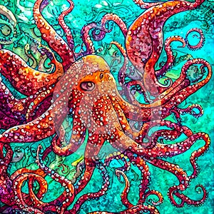 Giant octopus cartoon style underwater ocean sea creature