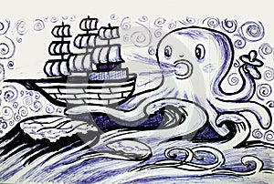 Giant octopus catches old style sail ship hand drawn illustration